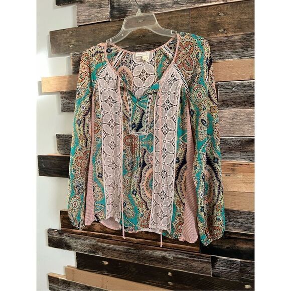 Meadow Rue Anthropologie Crochet Lace Peasant Blouse sheer sz S - Picture 1 of 6
